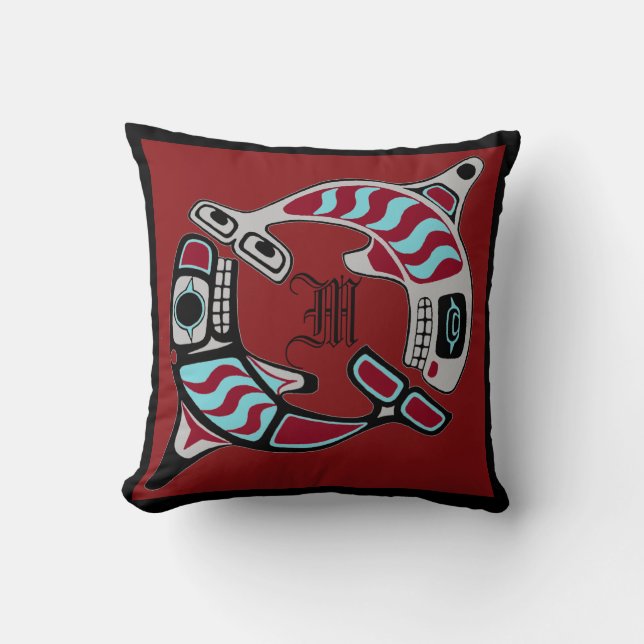 Monogrammed Northwest Coast Art Orcas Kussen (Voorkant)