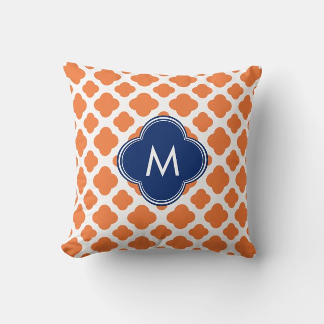 Monogrammed Oranje en Royal Blue Quatrefoil Kussen (Voorkant)
