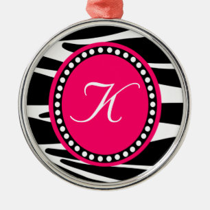 Monogrammed Ornament Hot Pink and Zebra Stripe