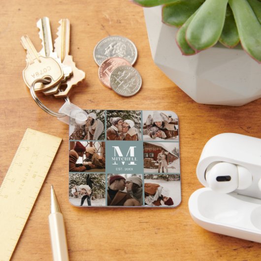 Monogrammed paar fotocollage | Monogram groen Sleutelhanger (Bureau)