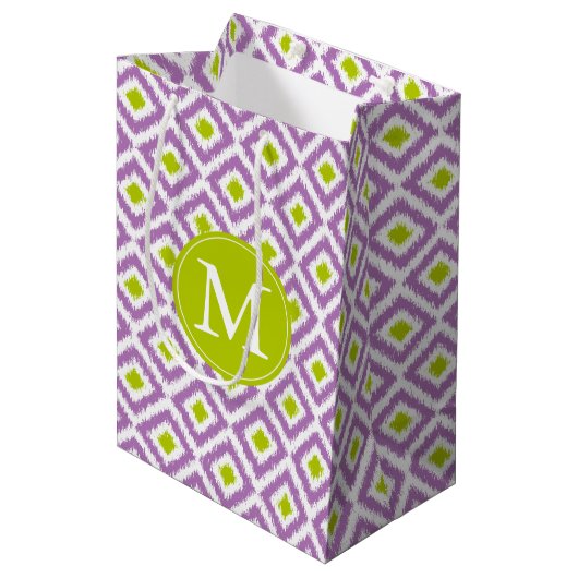Monogrammed Paars en Green Diamonds Ikat Pattern Medium Cadeauzakje (Voorkant Gekanteld)