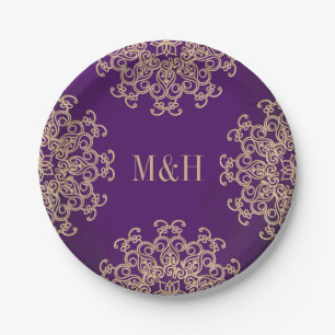 Monogrammed Paarse en gouden Indiase stijl bruilof Papieren Bordje