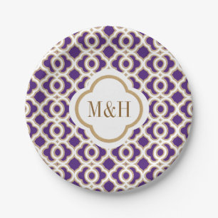 Monogrammed Paarse en gouden Marokkaanse bruiloft Papieren Bordje