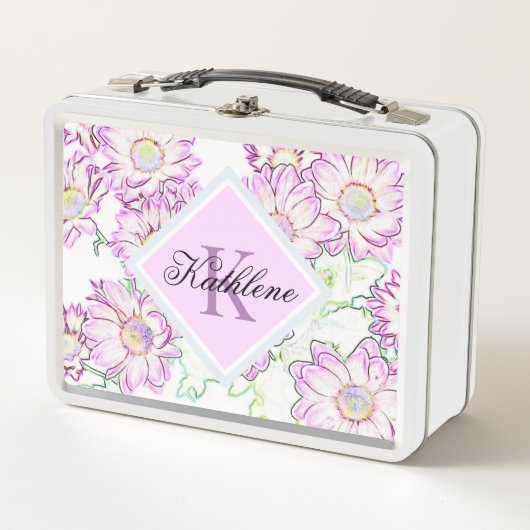 Monogrammed Paarse Floral Metal Lunch Box (Voorkant)