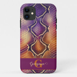 Monogrammed Paarse & Gouden Glinsterende Slangenhu iPhone 11 Hoesje