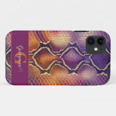 Monogrammed Paarse & Gouden Glinsterende Slangenhu Case-Mate iPhone Case (Achterkant (horizontaal))