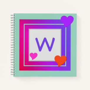 Monogrammed Paarse Roze Oranje Rode Harten op Blau Notitieboek