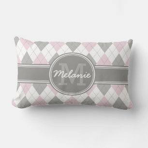 Monogrammed Pink and Grey Argyle Pattern Kussen