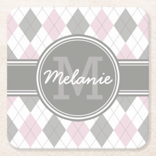 Monogrammed Pink and Grey Argyle Pattern Vierkante Kartonnen Onderzetter
