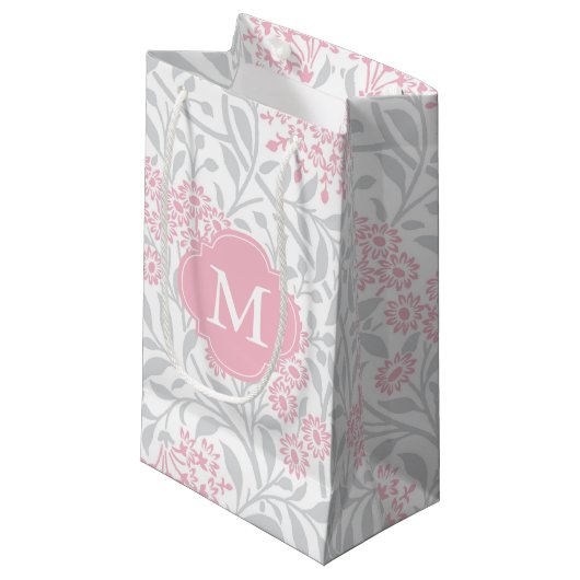 Monogrammed Pink and Grey Floral Damask Pattern Klein Cadeauzakje (Voorkant Gekanteld)