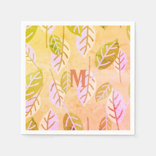 Monogrammed Pink and Sage Abstracte Leafs Servet (Voorkant)