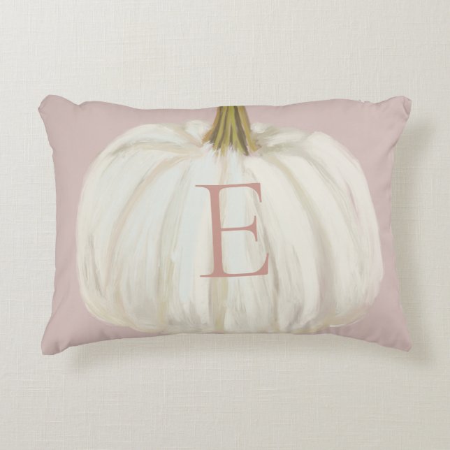 Monogrammed Pink and White Herfst Pumpkin Accent Kussen (Voorkant)