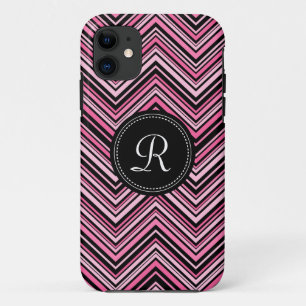 Monogrammed Pink Black Tribal Chevron Pattern iPhone 11 Hoesje