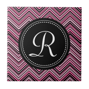 Monogrammed Pink Black Tribal Chevron Pattern Tegeltje