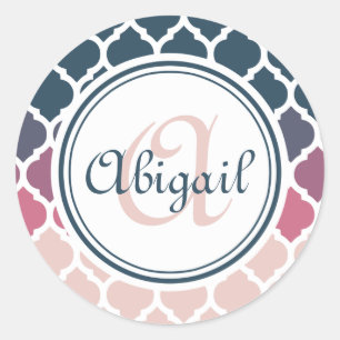 Monogrammed Pink Blue Moroccan Lattice Pattern Ronde Sticker