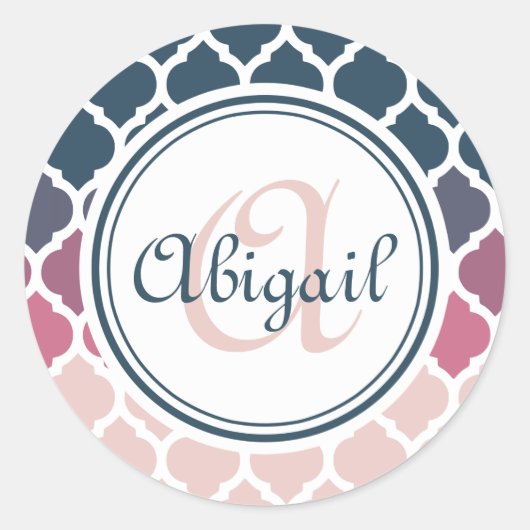 Monogrammed Pink Blue Moroccan Lattice Pattern Ronde Sticker (Voorkant)