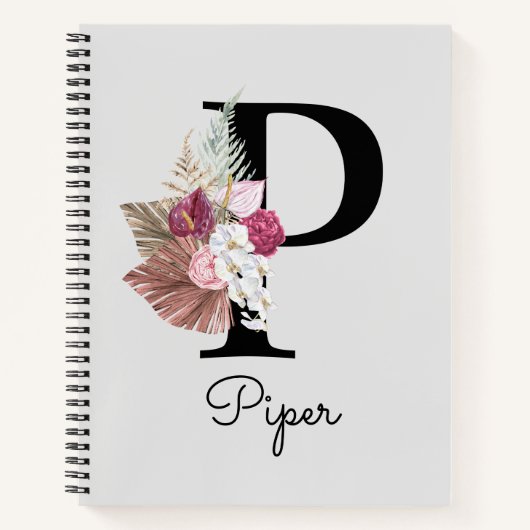 Monogrammed Pink Boho Floral Initiaal P Notitieboek (Voorkant)