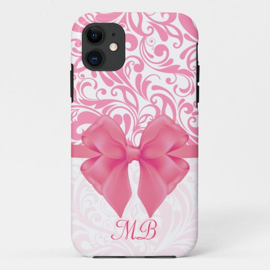 Monogrammed Pink Damask en Roze Ribbon Case-Mate iPhone Case (Achterkant)