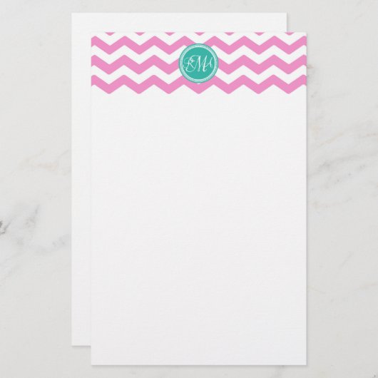 Monogrammed Pink en Blauwgroen Chevron Custom Briefpapier (Voorkant / Achterkant)