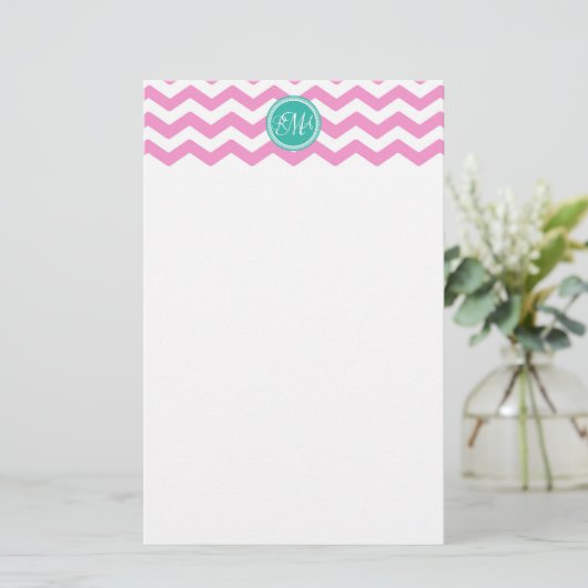 Monogrammed Pink en Blauwgroen Chevron Custom Briefpapier (Staand voorkant)