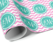Monogrammed Pink en Blauwgroen Chevron Custom Cadeaupapier (Rol Hoek)