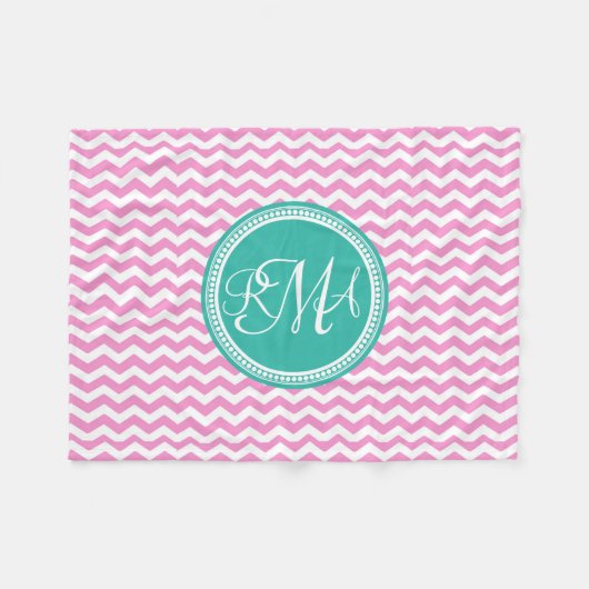 Monogrammed Pink en Blauwgroen Chevron Custom Fleece Deken (Voorkant (Horizontaal))