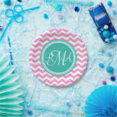 Monogrammed Pink en Blauwgroen Chevron Custom Papieren Bordje (Feest)