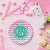 Monogrammed Pink en Blauwgroen Chevron Custom Papieren Bordje (Feest)