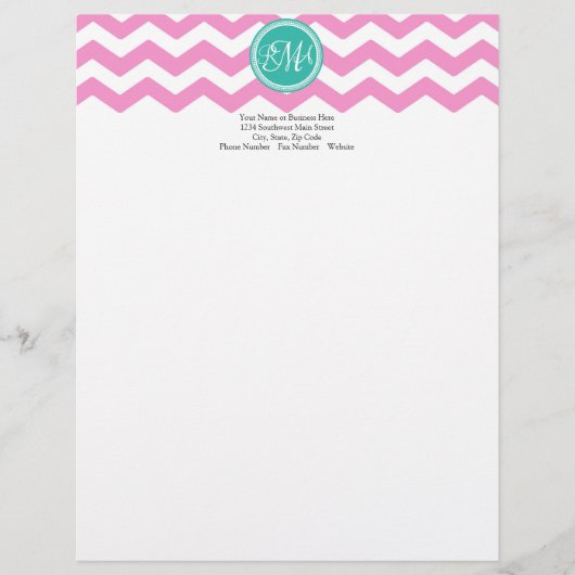 Monogrammed Pink en Blauwgroen Chevron Custom Persoonlijk Briefhoofd (Voorkant)