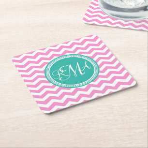 Monogrammed Pink en Blauwgroen Chevron Custom Vierkante Kartonnen Onderzetter