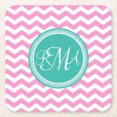 Monogrammed Pink en Blauwgroen Chevron Custom Vierkante Kartonnen Onderzetter (Voorkant)