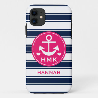 MONOGRAMMED PINK EN NAVY ANCHOR iPhone 11 HOESJE