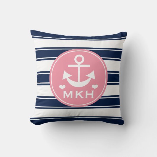 Monogrammed Pink en Navy Blue Anchor Kussen (Voorkant)