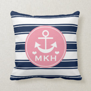 Monogrammed Pink en Navy Blue Anchor Kussen