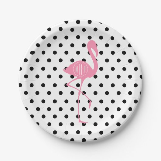 Monogrammed Pink Flamingo + Black Polka Dot Papieren Bordje (Voorkant)