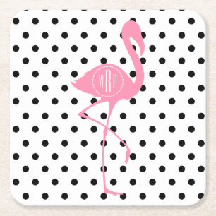 Monogrammed Pink Flamingo + Black Polka Dot Vierkante Kartonnen Onderzetter