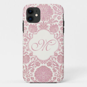 Monogrammed Pink Floral Damask iPhone 11 Hoesje