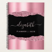 Monogrammed Pink Glitter Folie Black Planner (Voorkant)
