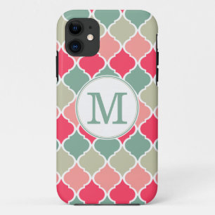 Monogrammed Pink Green Moroccan Lattice Pattern iPhone 11 Hoesje