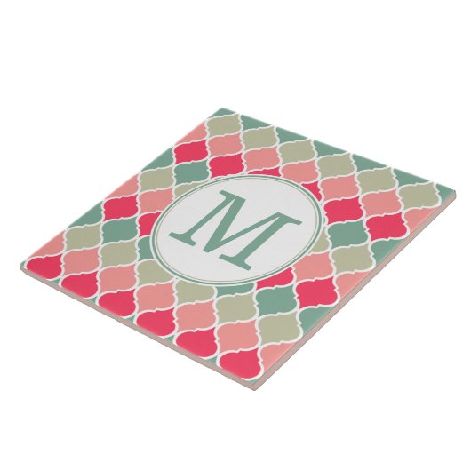 Monogrammed Pink Green Moroccan Lattice Pattern Tegeltje (Zijkant)