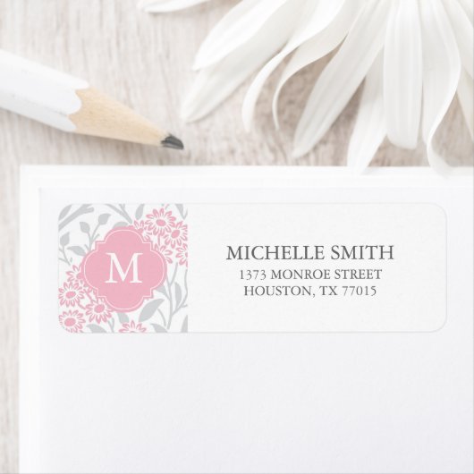 Monogrammed Pink Grey Floral Damask Pattern Etiket (Insitu)