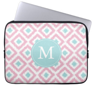 Monogrammed Pink Mint Diamond Ikat Pattern Laptop Sleeve