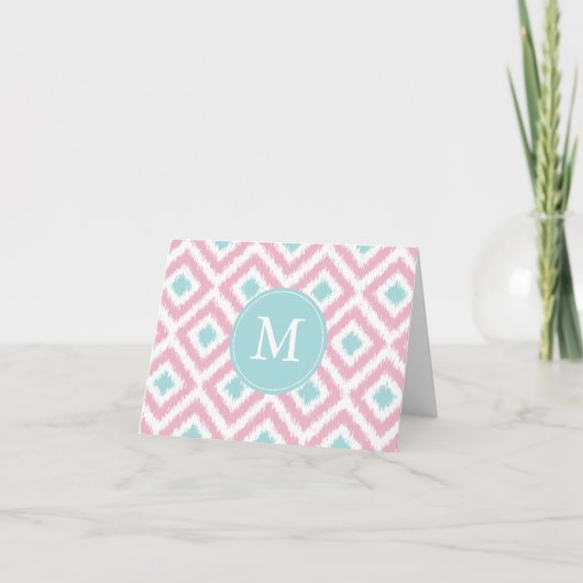 Monogrammed Pink Mint Diamonds Ikat Pattern Notitiekaartje (Voorkant)