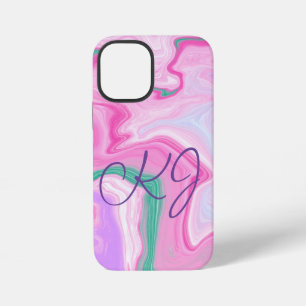 Monogrammed Pink, Paars, Mint Green Marble Art iPhone 12 Mini Hoesje