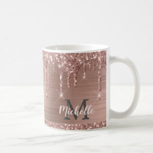 Monogrammed Pink Rose Gold Glitter Drips Koffiemok