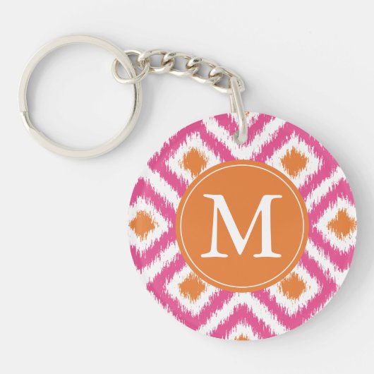 Monogrammed Pink Tangerine Diamond Ikat Pattern Sleutelhanger (Voorkant)