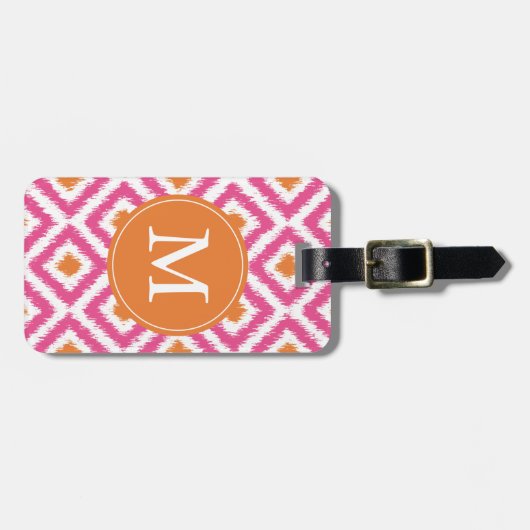 Monogrammed Pink Tangerine Diamonds Ikat Pattern Bagagelabel (Voorkant horizontaal)
