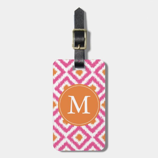 Monogrammed Pink Tangerine Diamonds Ikat Pattern Bagagelabel (Voorkant verticaal)
