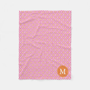 Monogrammed Pink Tangerine Diamonds Ikat Pattern Fleece Deken