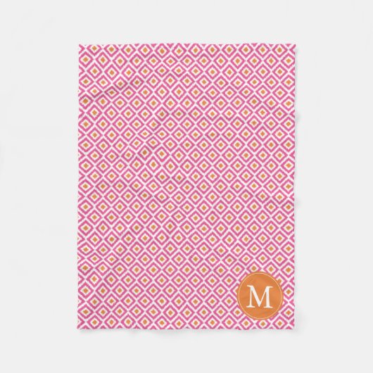 Monogrammed Pink Tangerine Diamonds Ikat Pattern Fleece Deken (Voorkant)
